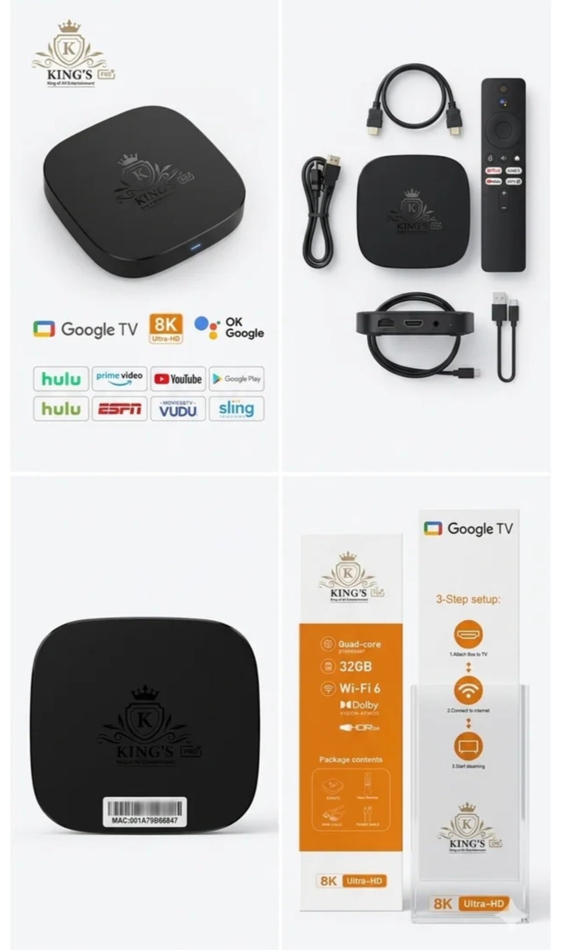 KING'S PRO Google TV Box - 4K Ultra HD | Chromecast | Voice Control